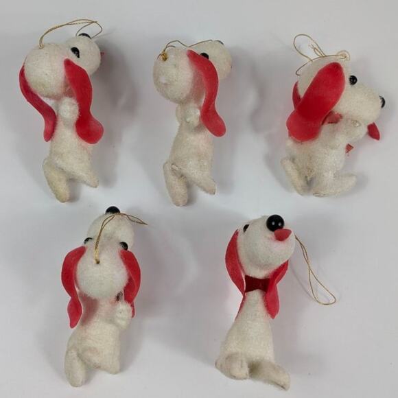 5 Vintage White Felted Snoopy Style Dog Christmas Tree Ornament Ears Tongue RARE - Picture 2 of 16